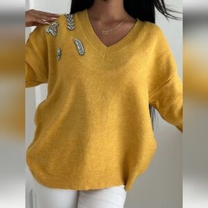 Elegant Mustard V-Neck Sweater with Embellishments